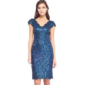 Tadashi Shoji Blue Paillette Embroidered Lace V-Neck Cap Sleeve Dress Size 6